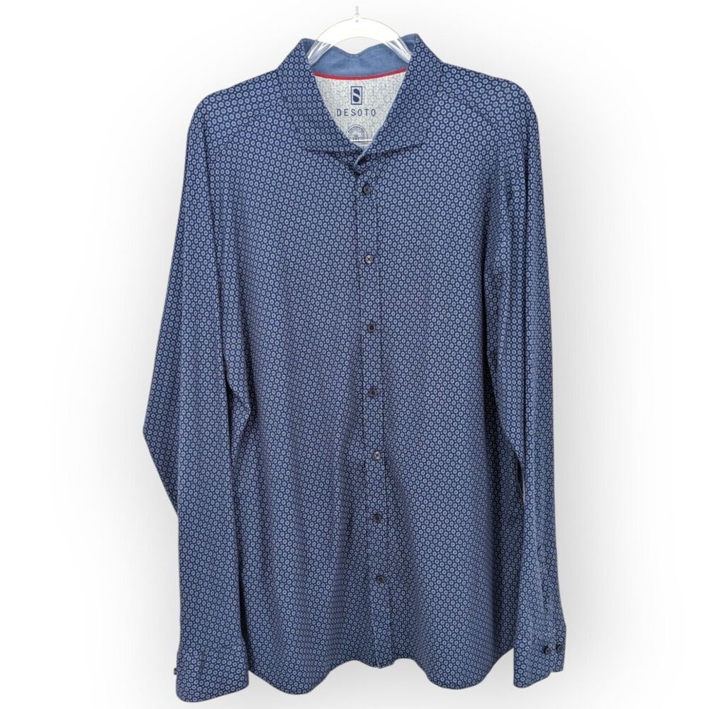Desoto‎ Men's 3XL Konrad Jersey Shirt Button Up Navy Print Collared Long Sleeve